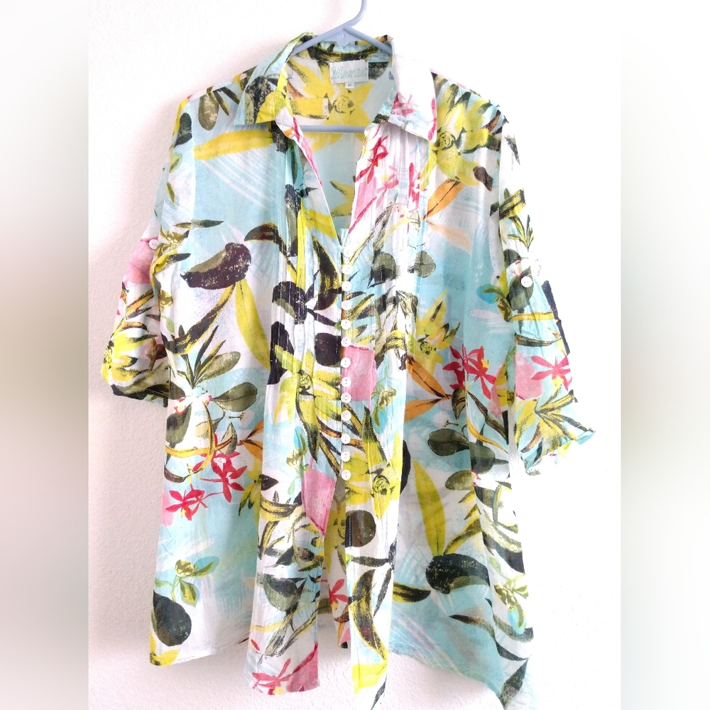 Pretty Marila Floral Shirt 3/4 Sleeve LIGHTWEIGHT SHEER Multicolor Size Medium